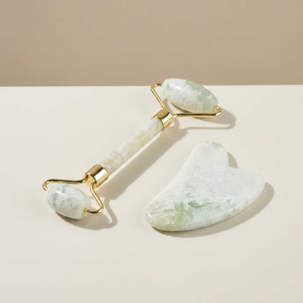 Jade roller and gua sha set angle view
