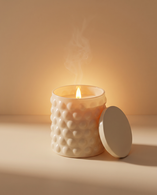 Emberless flameless candle diffuser in cream bubble glass, lit at dusk with lid beside it