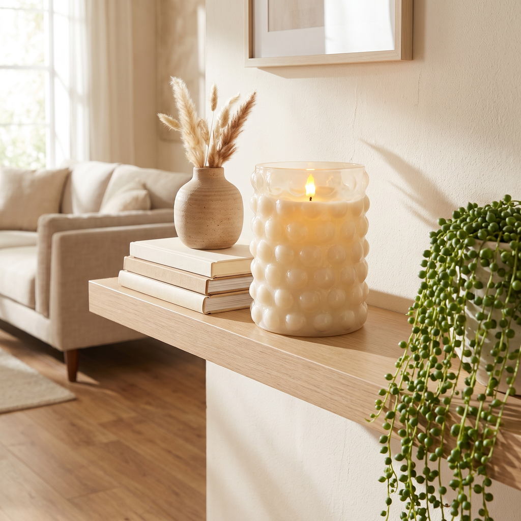 Emberless flameless candle glowing on a cozy living room shelf