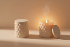 Lift the lid to light it: Emberless candle shown off (lid on) and on (glowing)