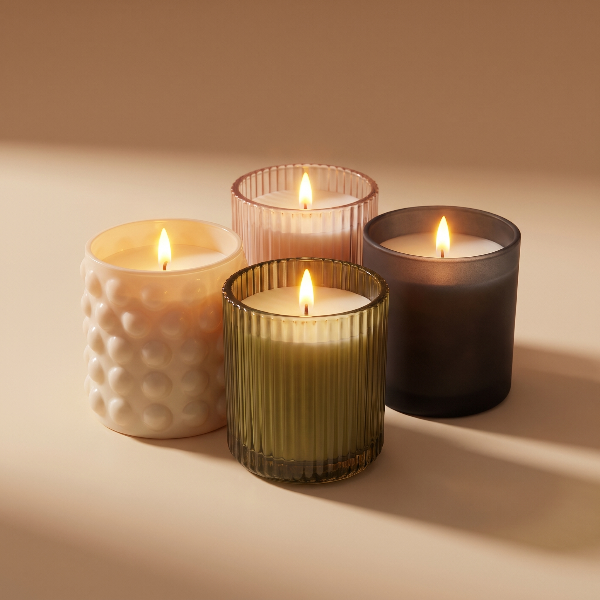 Three Emberless flameless candles in cream bubble, olive ribbed and frosted charcoal finishes